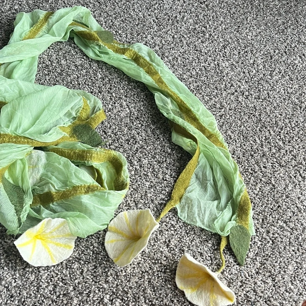 Light Green Scarf with Yellow Felted Trim and Floral Petals